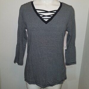 NWT Joneswear Black White Striped Top Size Small 3/4 Sleeve Retail $50